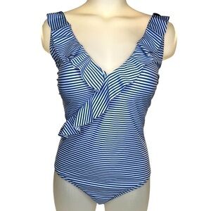 Ris-K Swim Paradise Blue White Striped Ruffle One Piece Swimsuit
